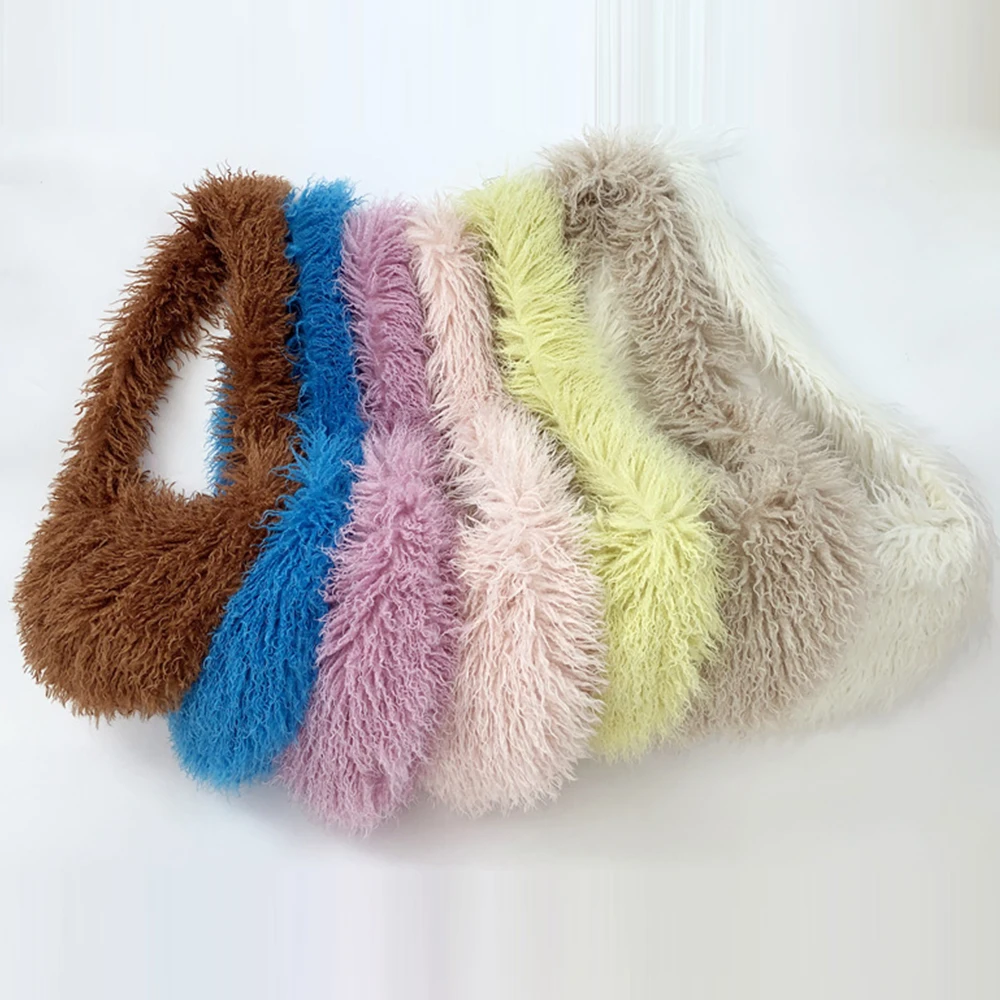 Designer Fluffy Plush Shoulder Bag Warm Faux Mongolian Fur Crossbody Bags for Women Brands Large Hobo Handbags Shopper Purses