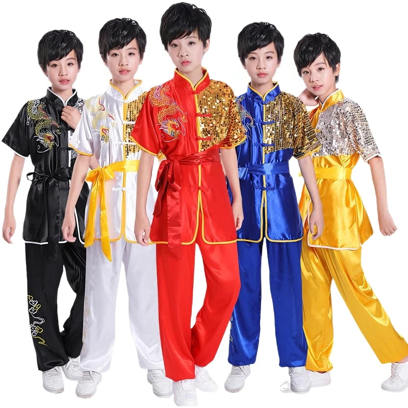 Kids Kung Fu Uniform with Dragon Embroidery-Satin Martial Arts Tai Chi Suit for Stage Performance Training & Cosplay