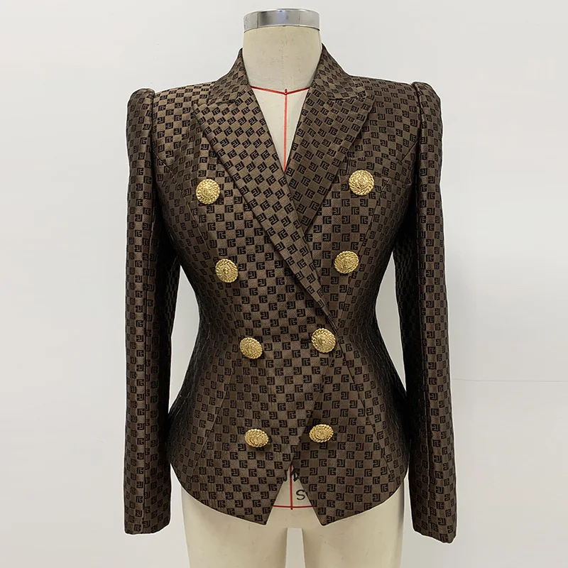 Blazer de cabeza de león para mujer, chaqueta de celebridad de doble botonadura, solapa, manga larga, jacquard, abrigo marrón Delgado