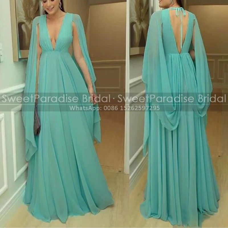 

Sexy Plunging Neck Mother of the Bride Dresses Long Cloak Shawl Pleat A Line V Back Customized Formal Evening Dress