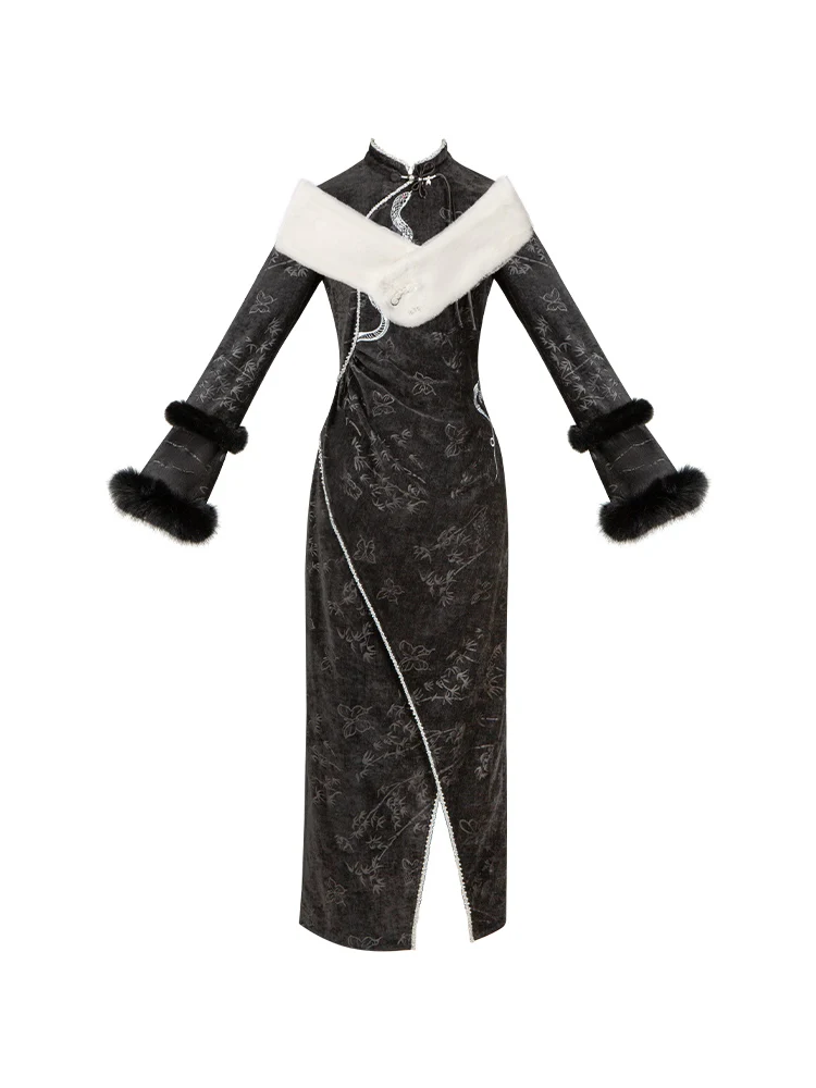 Robe Cheongsam brodée améliorée de style chinois original Puji pour filles, châle en peluche noir et blanc, optique de tempérament