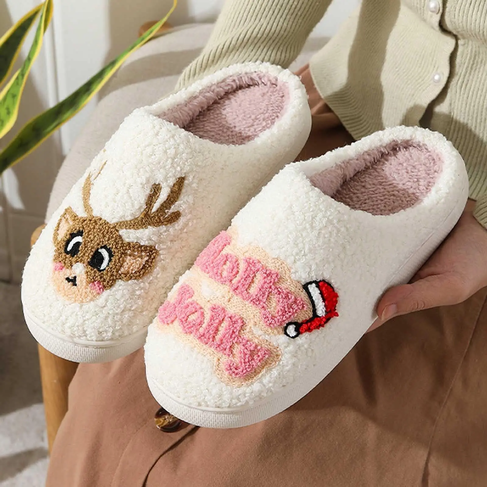 الرجال والنساء عيد الميلاد نعال من القطن لدفء المنزل والداخلية النعال الصوفية إِلْكَة عيد الميلاد نعال من القطن الدافئة النساء #3