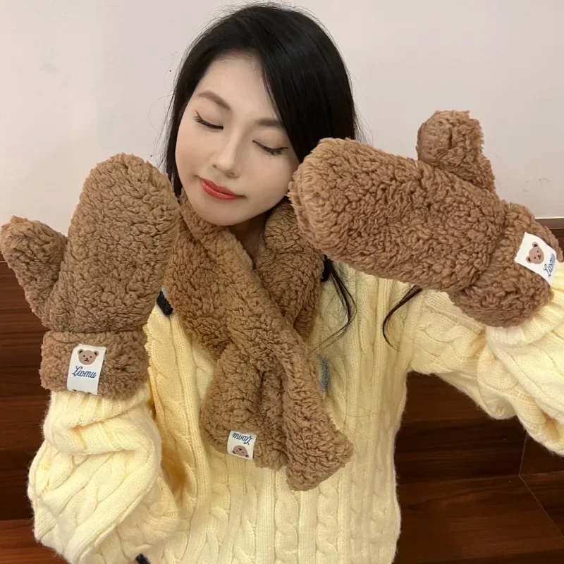 Cute Plush Little Bear Gloves Women Cartoon Winter Wool Fleece Thicken Warm Hanging Neck Mittens Windproof Cold-proof Gloves