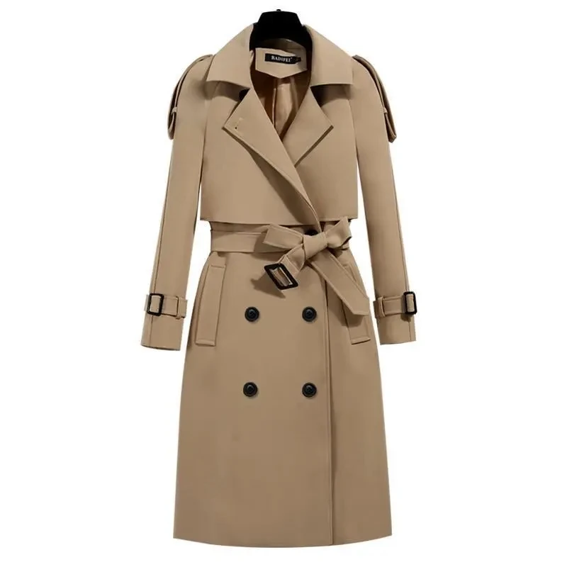 

Large Size 4XL Classic Belt Gabardinas Mujer Womens Spring Elegant Double Breasted Trench Coat Mid Length Formal Office Overcoat