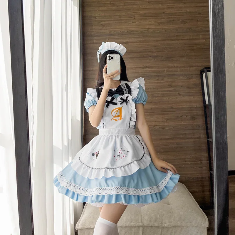 Blue Alice Playing Cards Lolita Maid Dress Costumes Cosplay For Girls Woman Waitress Alice Poker Maid Party Stage Costume