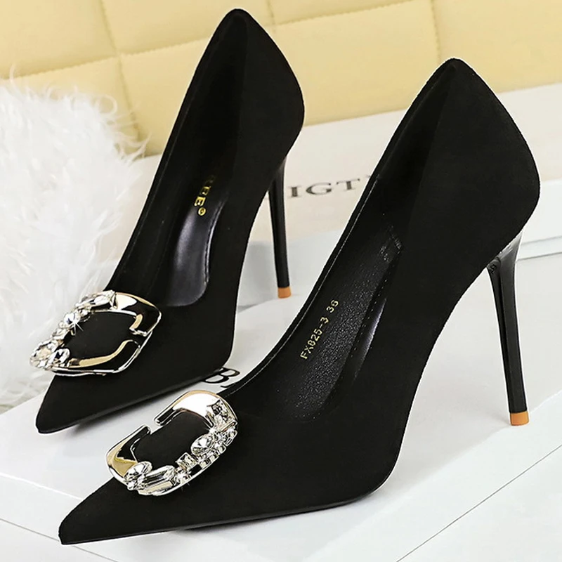 BIGTREE Shoes Metal Rhinestone Belt Buckle Women Pumps Suede High Heels Luxury Banquet Shoes Sexy Party Shoes Women Stilettos