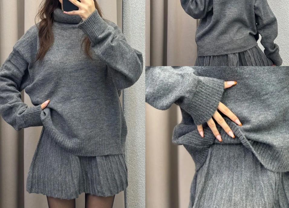 New Two Piece Women Outfit Autumn Winter Cropped High Neck long sleeve Knit Sweater Pullover Loose High Waist A Line Mini Skirt