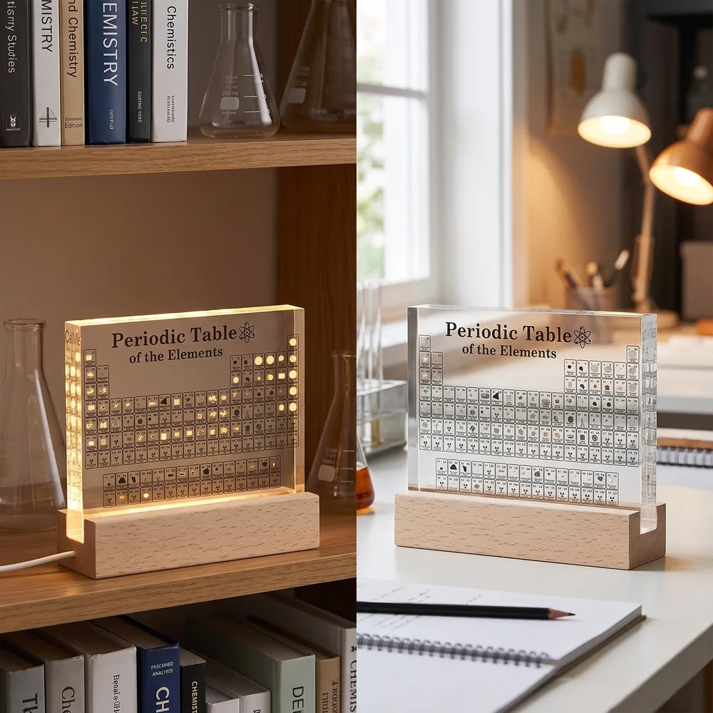 Real Elements Periodic Table Figurine Clear Acrylic Mendeleev Periodic Stand Display Science Chemistry Decor Table Decoration