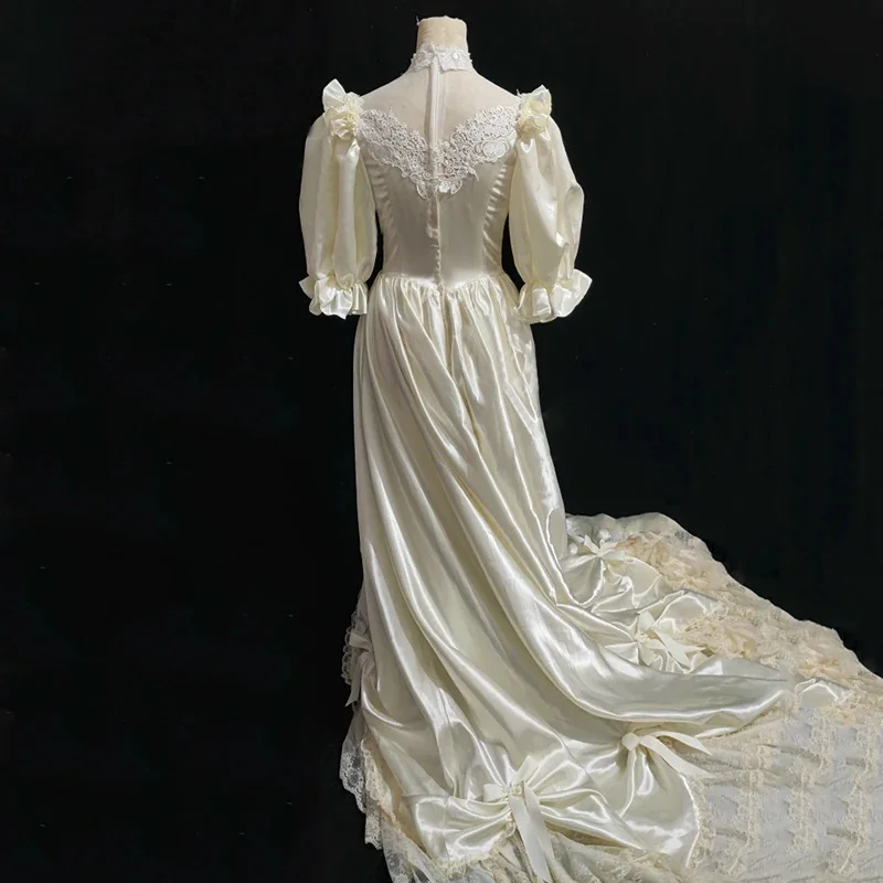 AnXin SH-Robe de mariée en dentelle de satin champagne vintage, manches courtes bouffantes, perles de perles, nœud de princesse, antique, personnalisée