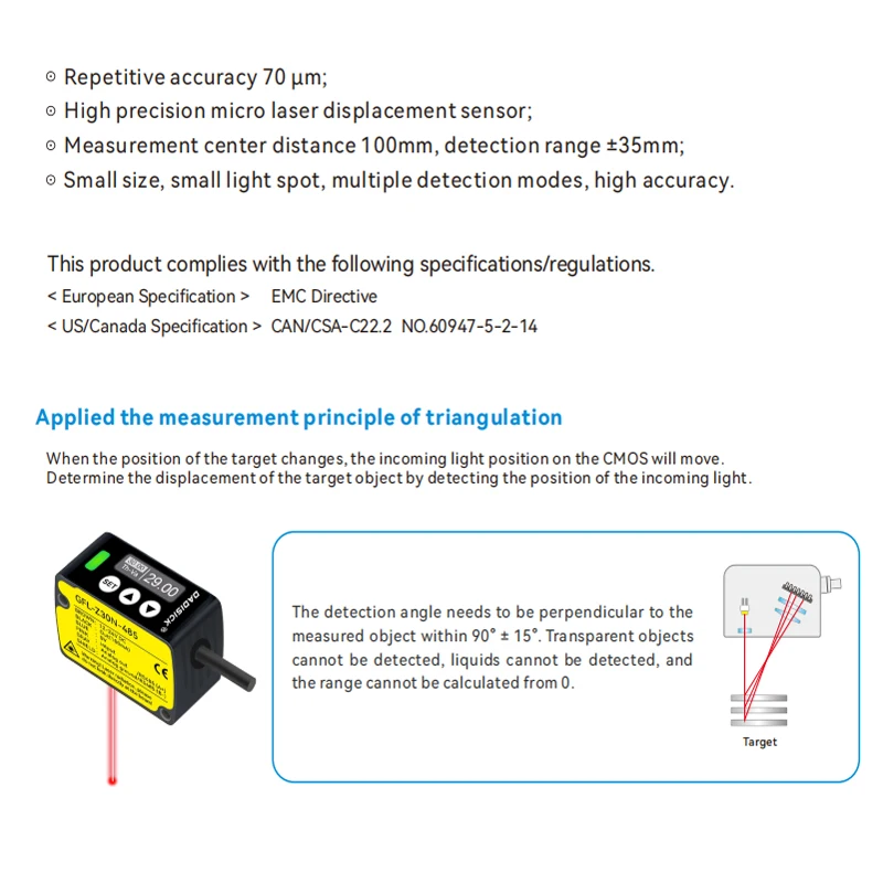 Measuring center distance 30mm laser ranging displacement sensor RS485 accuracy  0.01mm laser displacement sensor