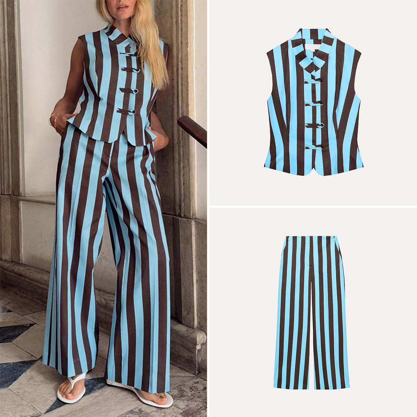 Women's Sleeveless Striped Rope Knot Vest Style Top with Color Block Straight Leg Pants mid Waist Two Piece Set Summer Fashion