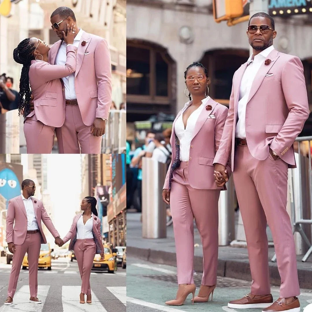 Hot Couples British Pink Costume Homme Mens Suits 2 Pcs Groomsmen Wedding Tuxedos Terno Masculino Slim Fit Prom (Jacket+Pants)