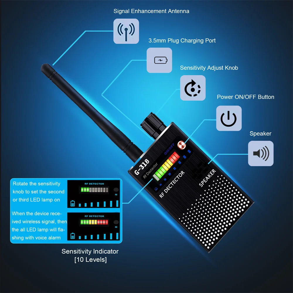 G318 Anti-Spy RF sinyal dedektörü GSM ses Bug GPS Tracer Lens cihaz bulucu kablosuz casus kamera Anti Candid kamera tarayıcı G319