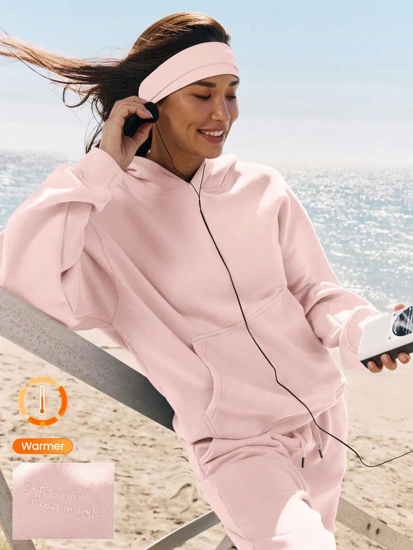 

Pink Oversized Fleece Hoodie with Embroidered Pocket, Warm & Cozy for Autumn Winter Casual Wear