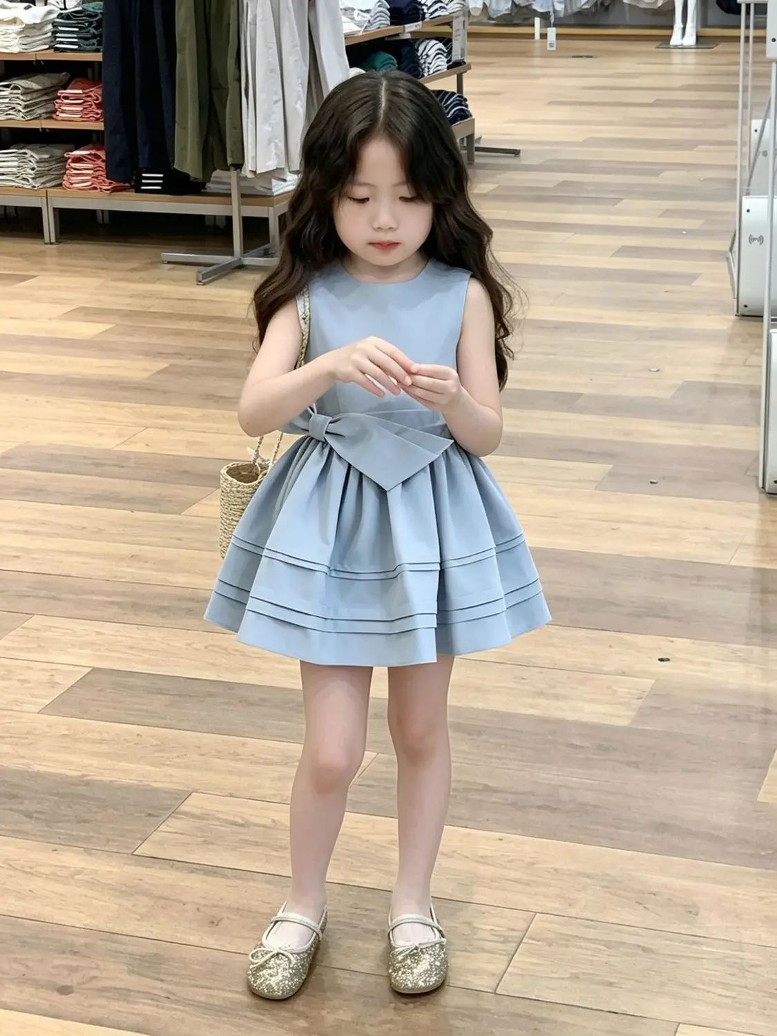 

Girls Summer Dress New Style Children's Blue Bow Knot Waist-Cinching Design Sense Dress for Kids
