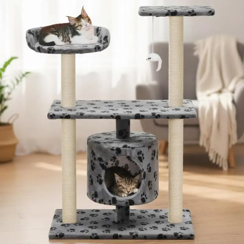 Klettergerüst für Hauskatzen, Katzenbaum mit Sisal-Kratzbaumstamm 95 cm Grau Pfotenmuster