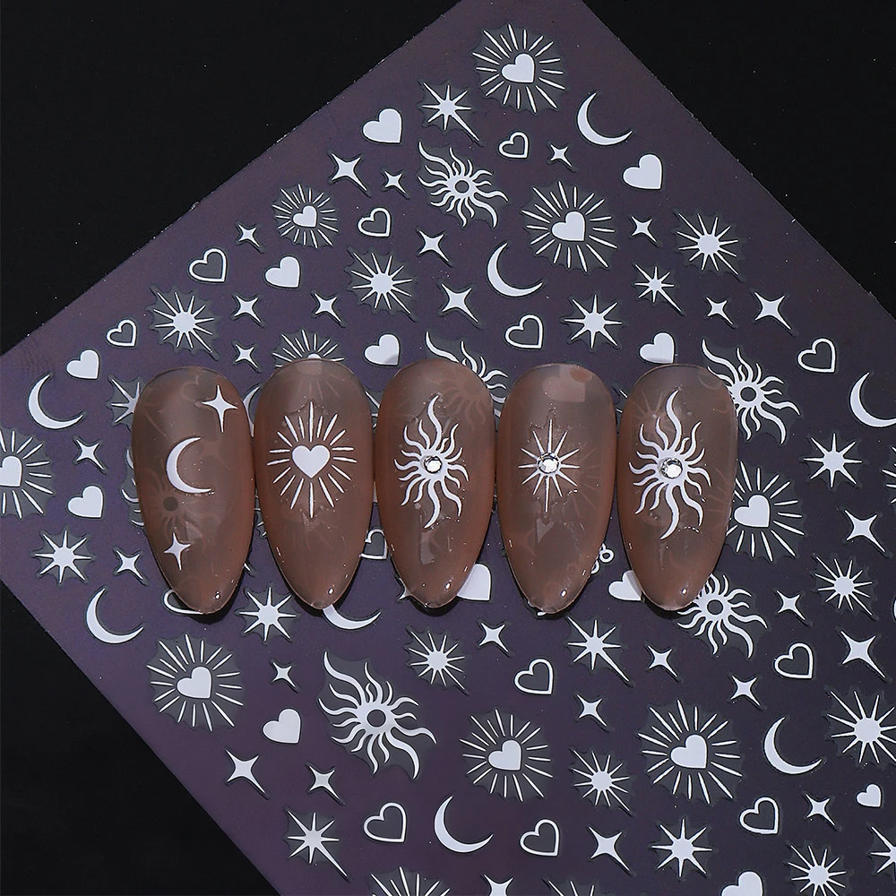 1/6pcs 3D Metallic Moon Sun Starburst Heart Nail Stickers Bronzing Gold Silvery Black White Laser Adhesive Nail Decal Nail Suppl