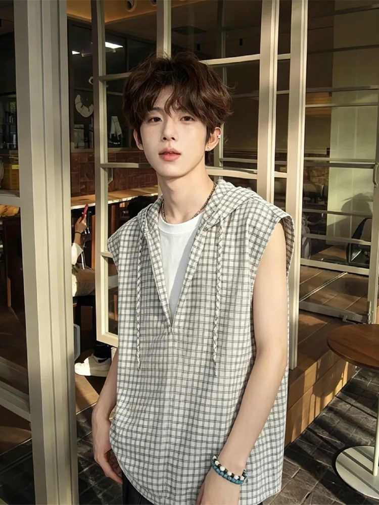 American Plaid Half Zipper Hooded Vest Men's Thin Design Sensation Sleeveless T-Shirt Outdoor Casual Shoulder Pad