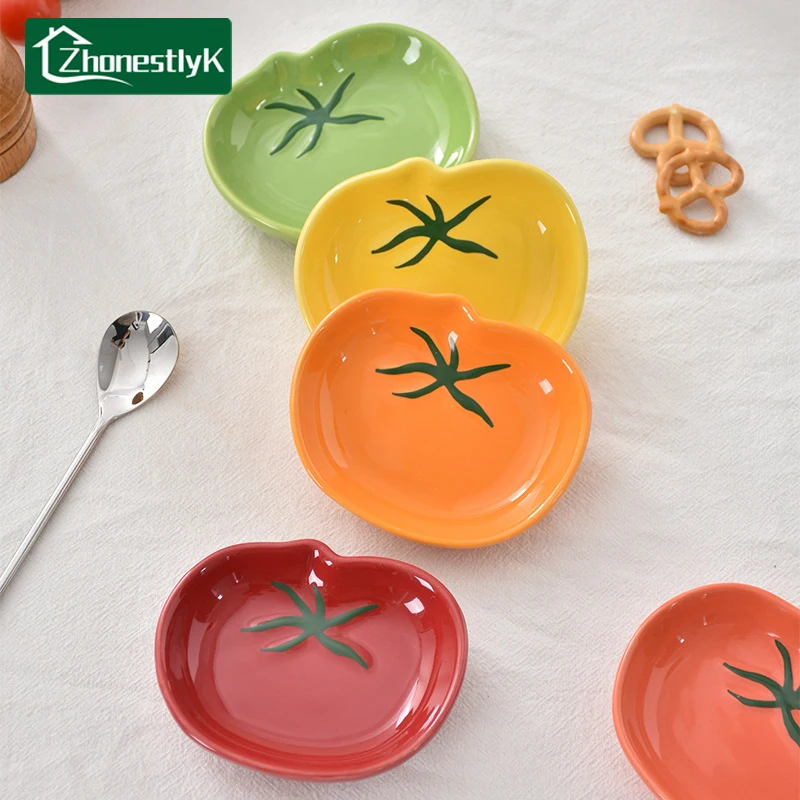 Bonitos platos de cerámica con forma de tomate para salsa, plato para servir condimentos, platos para aperitivos y especias, cuenco para fruta y Sushi, accesorios de vajilla de cocina