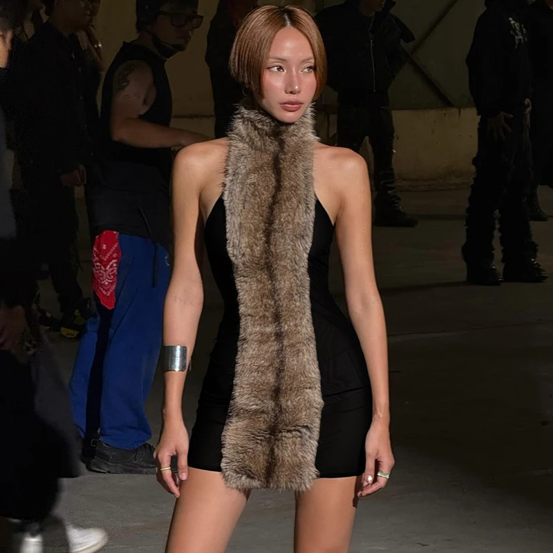 

Tornova Sexy Halter Furry Splice Mini Dress For Women Fashion Streetwear Backless Dress Holiday Party Clothes Female 2025 New