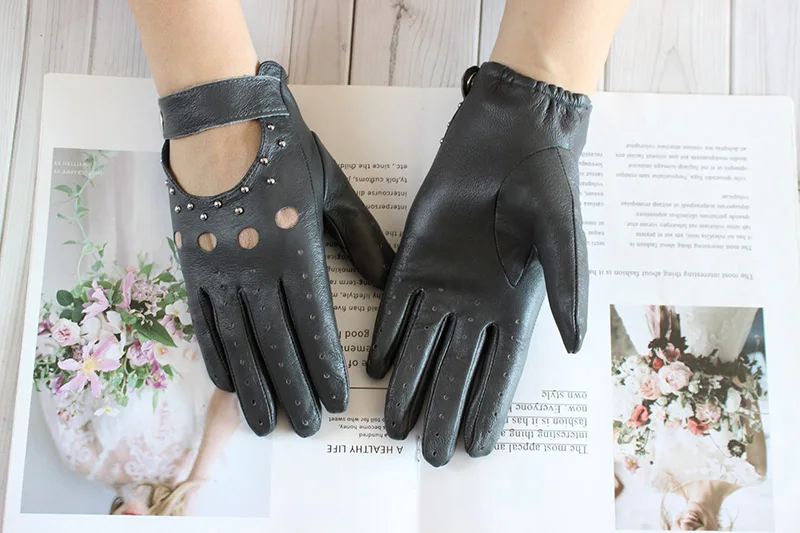 Women's Summer Leather Full Finger Gloves Unlined Thin Fashion Spring Autumn Motorcycle Riding Sheepskin Driving