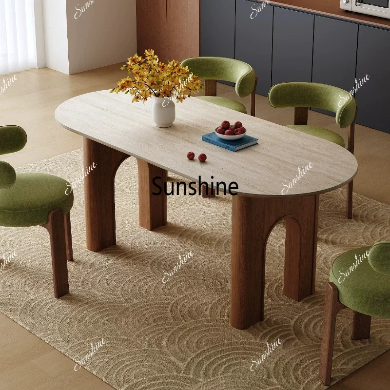 Medieval arch dining table retro oval travertine rock slab solid wood dining tableTJ