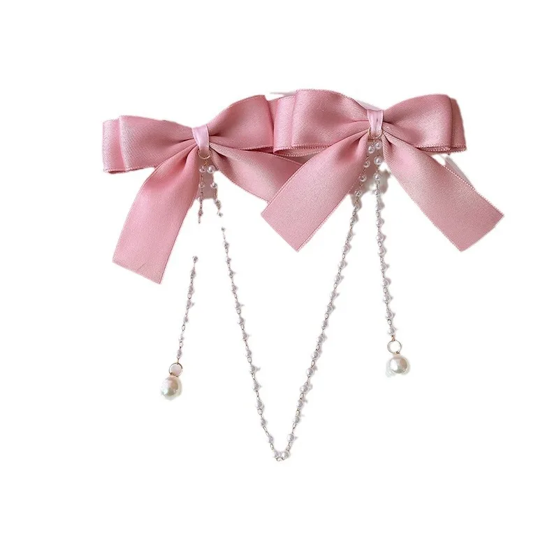 Sweet Princess Style Pink Pearls Chain Bow Hair Clip Women Children\'s Cute Back Head Hairpins Hair Clips Girls Hair Accessories