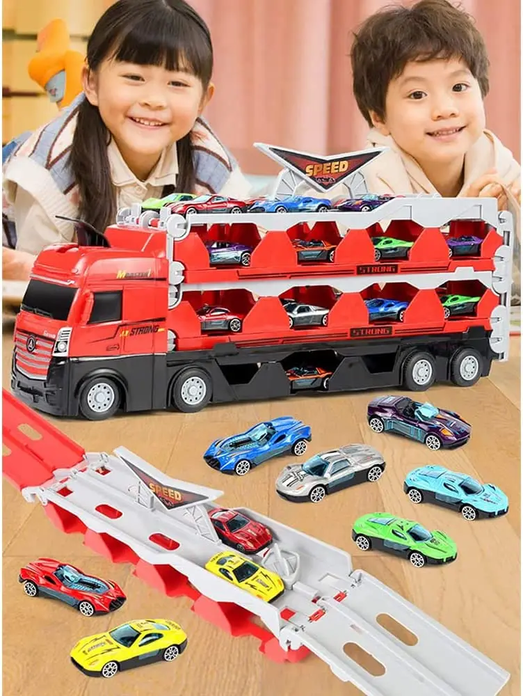 2023 New Mega Hauler Truck with Ejection Race Track, Kids Deform Catapulting Big Truck Storage Car Transporter Truck Toy Set