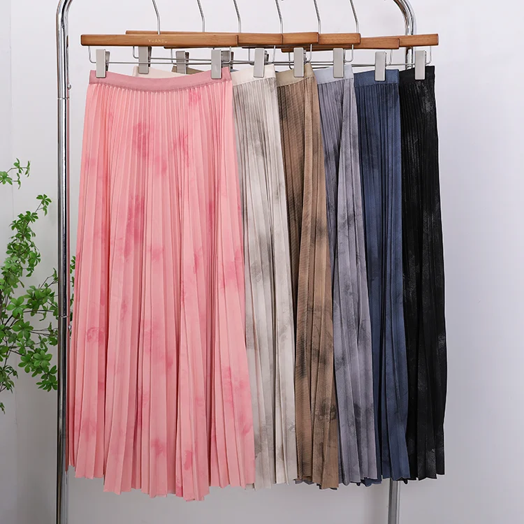 ZJYT Summer Fashion Print Midi Pleated Skirt for Women Elastic Waist Sweet Pink Skirts Casual Faldas Female