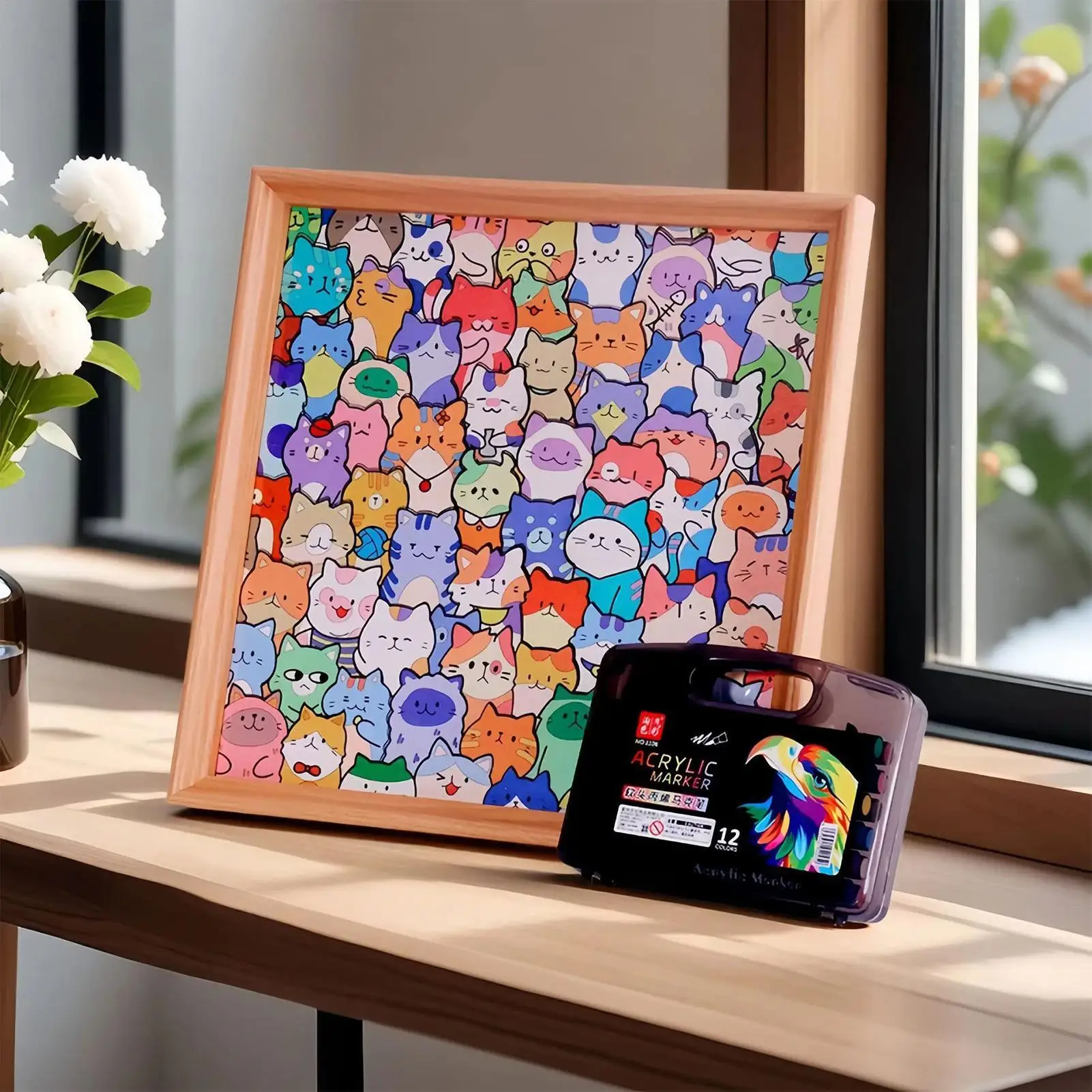 木製猫パズル カラーリング猫教育玩具 かわいい子猫の絵画パズルゲーム 子供用 男の子 女の子 旅行 ホームスクール