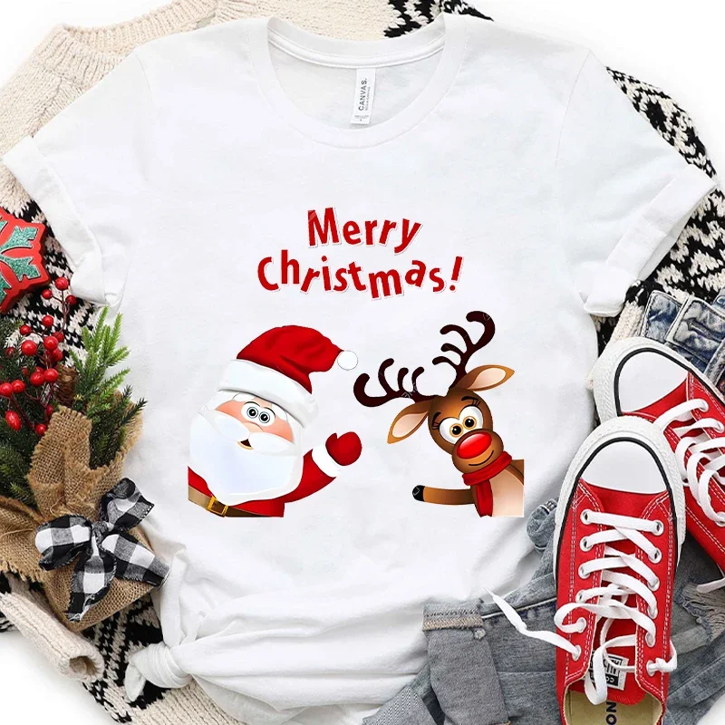 Merry Christmas Women T-Shirt Santa Claus Reindeer Print Tops Fashion Hip Hop Streetwear Casual Short Sleeve Tee Female Clothing