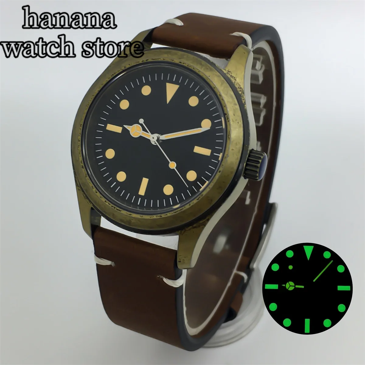 36mm 39mm Men\'s Bronze Watch Sapphire glass NH35 NH36 Automatic movement 100m waterproof green glow-in-the-dark leather strap