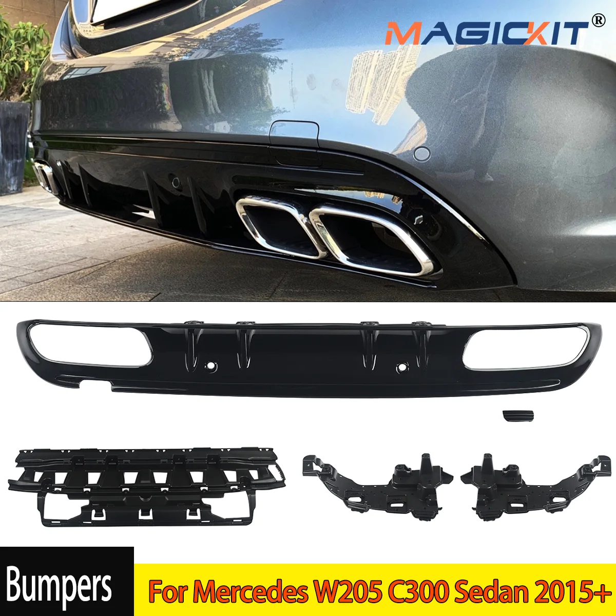 MagicKit FOR MERCEDES 15-21 W205 AMG BLACK COMPLETE BUMPER DIFFUSER EXHAUST SET C63 LOOK