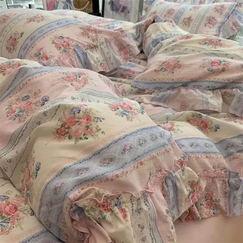 Korean Style Princess Floral Bedding Set Washed Cotton Vintage French Pastoral Flowers Lace ruffles Duvet Cover Set Pillowcase