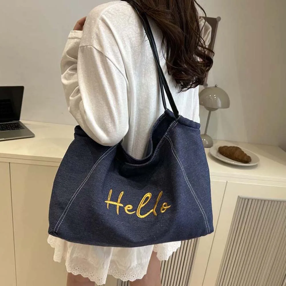 

Portable Denim Blue Tote Bag Letter Embroidery Korean Style Commuting Shoulder Pouch Polyester Vintage