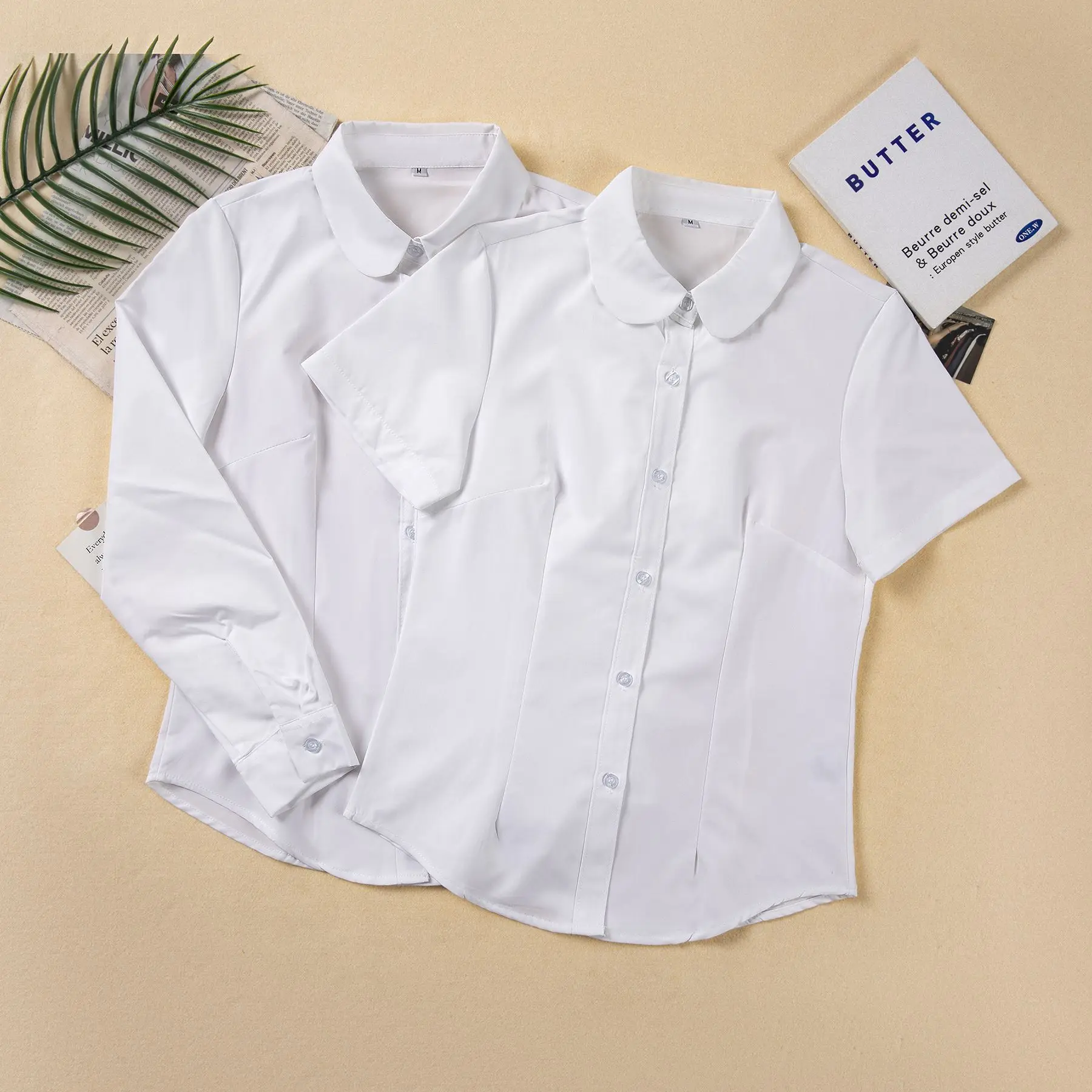 Women Japanese College Style JK Uniform White Shirt, Crew Neck Short Sleeve Slim Top, Student Class & School Uniform Set