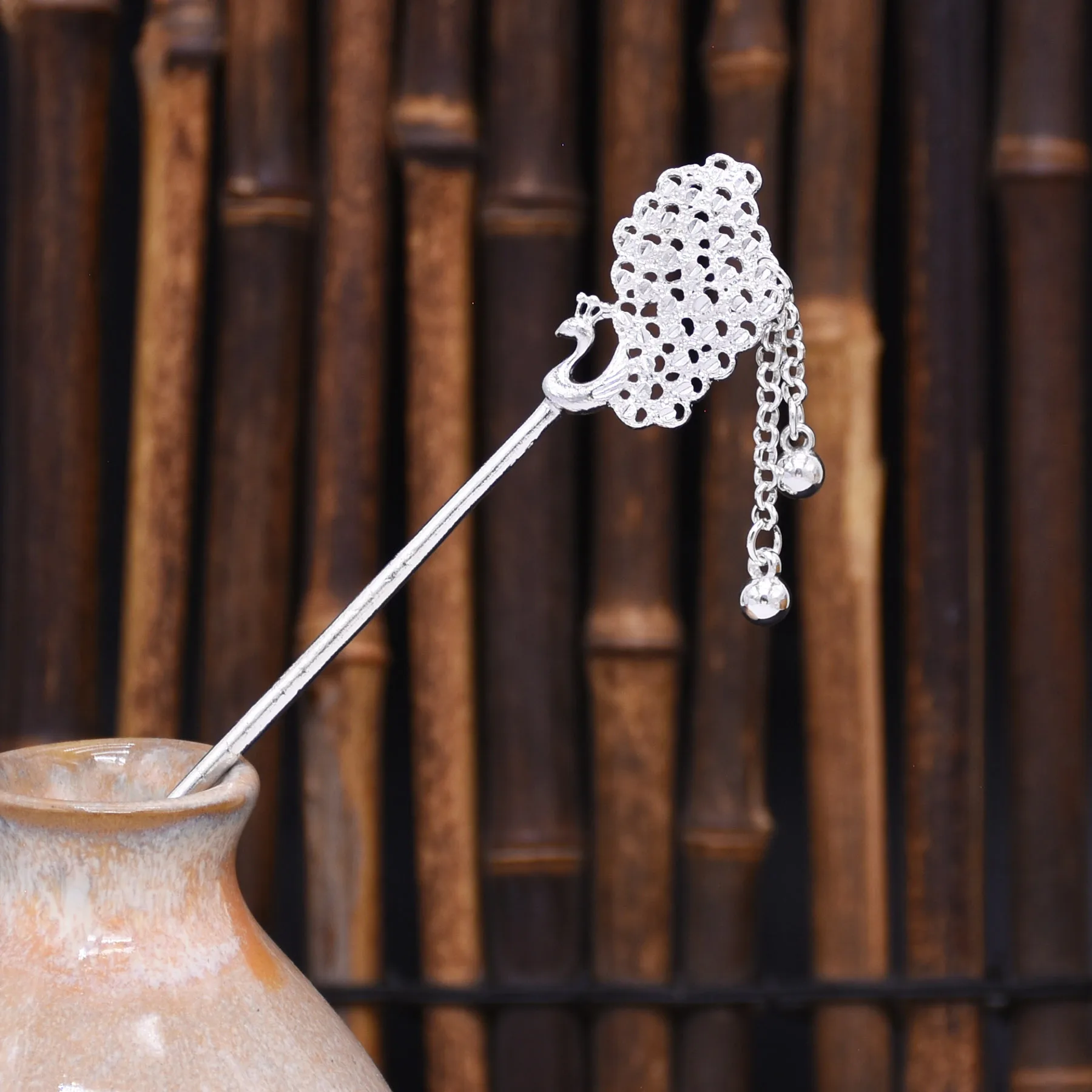 جديد النمط الصيني العرقية الفضة غير النظامية الطاووس المروحة شرابة سبيكة دبوس الشعر-أنيقة تنوعا أوبدو مجوهرات