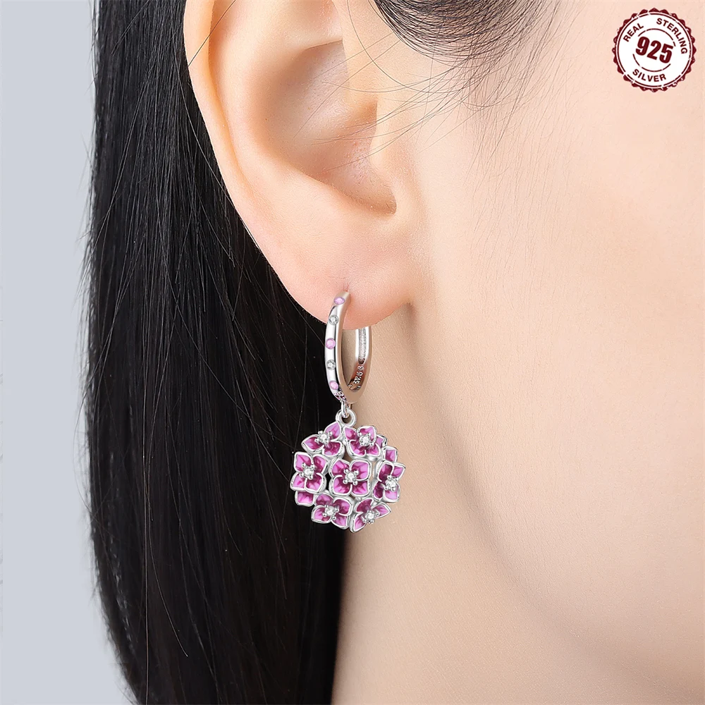 Purple Hydrangea Flower Cluster Huggie Hoop Dangle Earrings 925 Sterling Silver Pink‑Purple Floral Earrings Women Jewelry Gift