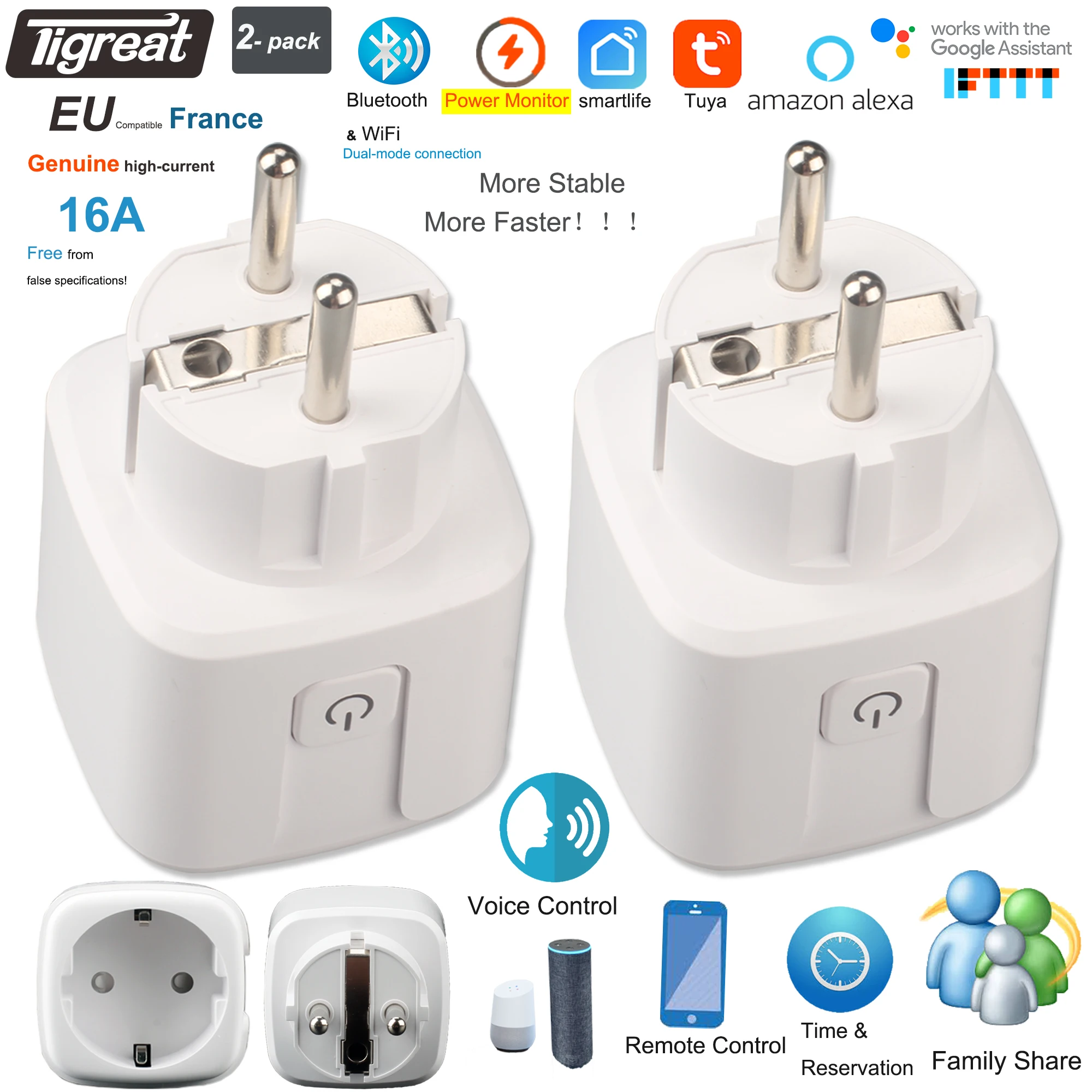 Tigreat WiFi Smart Plug EU, FR, 16A-Dual Mode Wifi&Bluetooth Big Power Socket-Timer/Voice/Remote Controller-Tuya/SmartLife/Alexa/Ifttt/Google Home Automation stopcontact - Nederlands