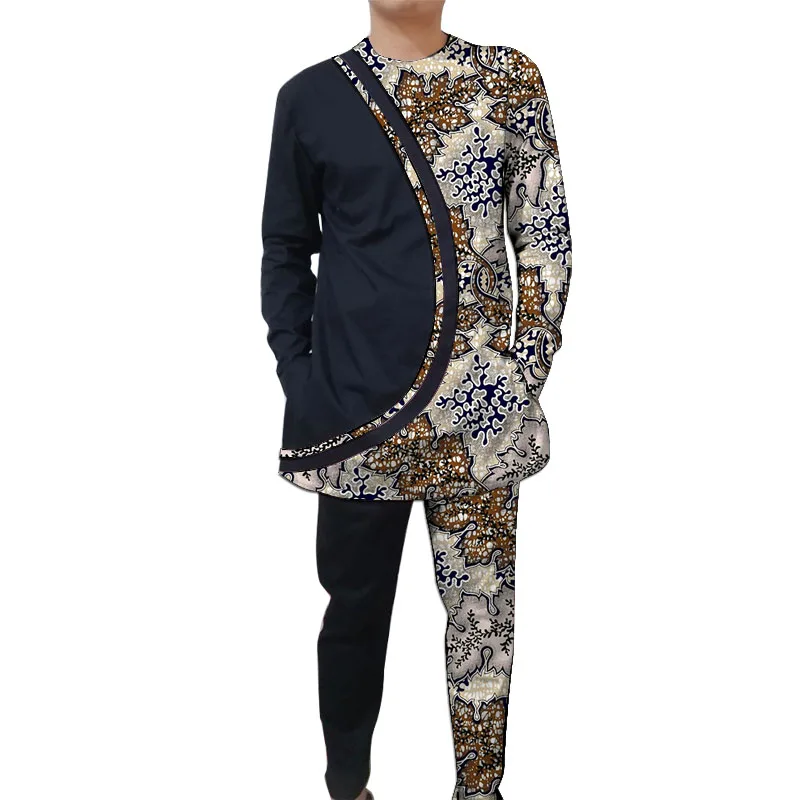 

African Design Couture Men's Groom Suit Patchwork Black Set Shirt+Trouser Wax Print Male Party Wear