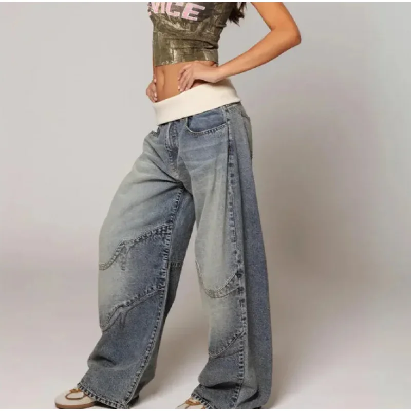 Y2K Hip-hop Stitching Fashion Joker Retro Jeans Female Korean Casual Patchwork Wide-leg Pants 2000s Vintage Loose Jeans Overalls