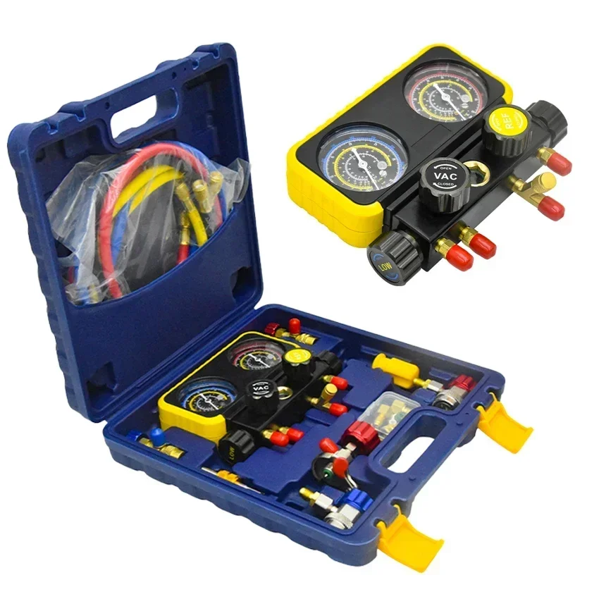 1 Set 4-Wege-A/C-Verteilermessgerät-Set, passend für R134A, R410A, R32, R22, Kältemittel, Klimaanlage, Fluorid-Werkzeug-Set mit Schlauch