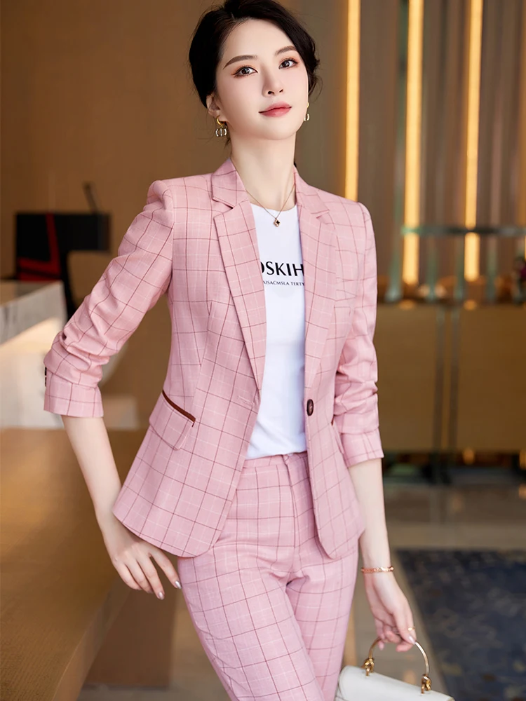 Women Pink Khaki Blue Plaid 2 Piece Set Pant Suit Formal Office Ladies Business Work Wear Blazer Jacket and Trouser