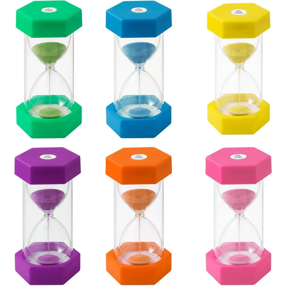 Minuteur hexagonal en plastique avec 6 options de temps, ensemble de minuteurs à sable aux couleurs vives pour l'apprentissage en classe, la gestion du temps quotidienne, l'ornement de la maison et la décoration de bureau