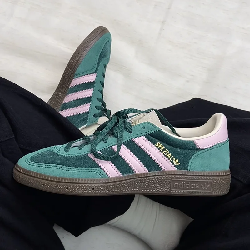 Adidas JI2648 Ladies Retro Casual Trainers Green Pink White Three Stripes Velvet Suede Lightweight Rubber Sole Daily Sneakers