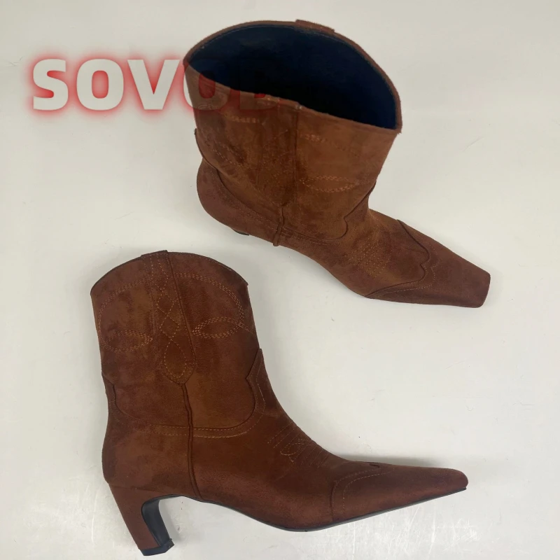 Women's Square Toe Kitten Heel Ankle Boots Fashion Embroidered Pull On Wide Calf Cowgirl Boots Fall Winter Western Boots 35-43