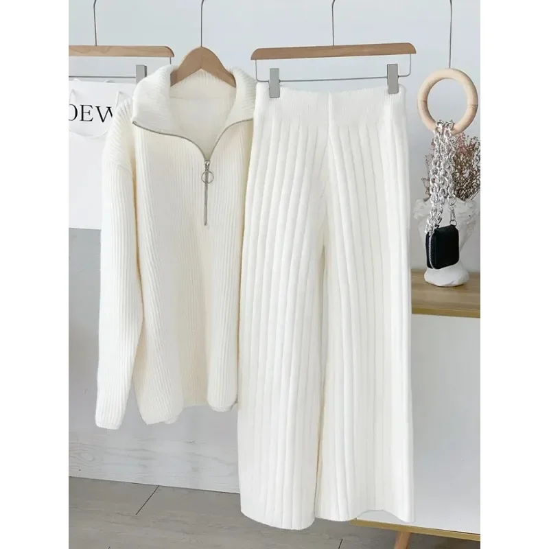 

Autumn Winter Zipper Sweaters Set Thickening Warm Knitted High Waist Women Pants Suit White Elegant Two Piece for N239