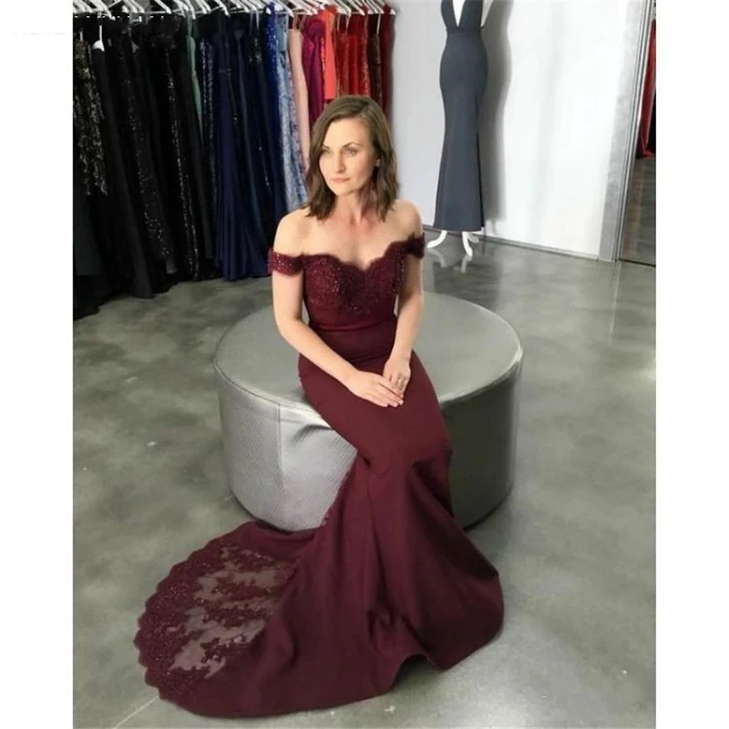 

ANGELSBRIDEP Dark Burgundy Off-Shoulder Mermaid Prom Dresses Vestidos De Festa Sweetheart Applique Celebrity Evening Party Gowns