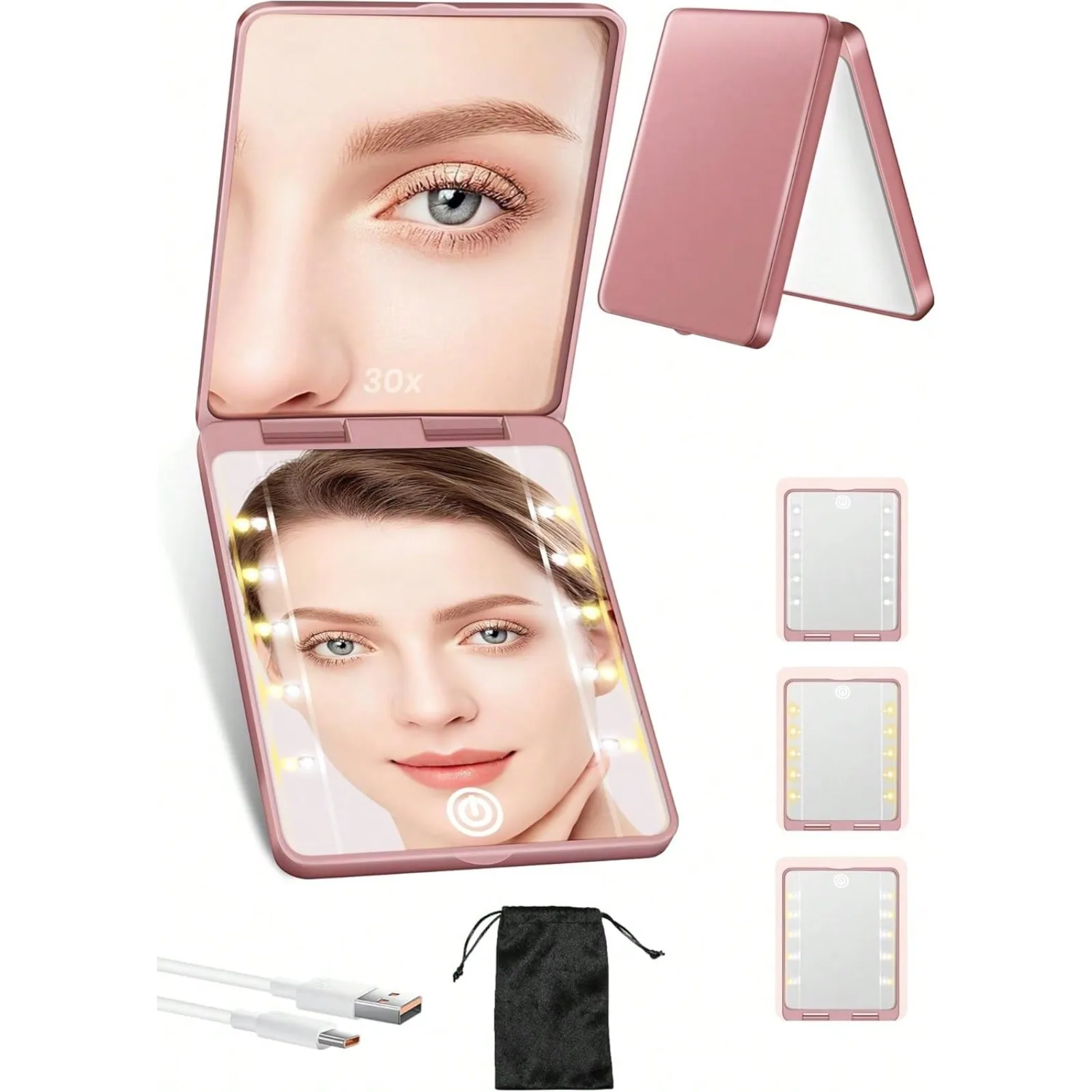 

Compact Mirror, Rechargeable 30X Magnifying Mirror With 3 Lighting Modes &Amp; Dimmable Brightness, Portable Travel Makeup Mirror With Light, Essentials For Travel, Pocket, Purse, Gifts For Women Rose