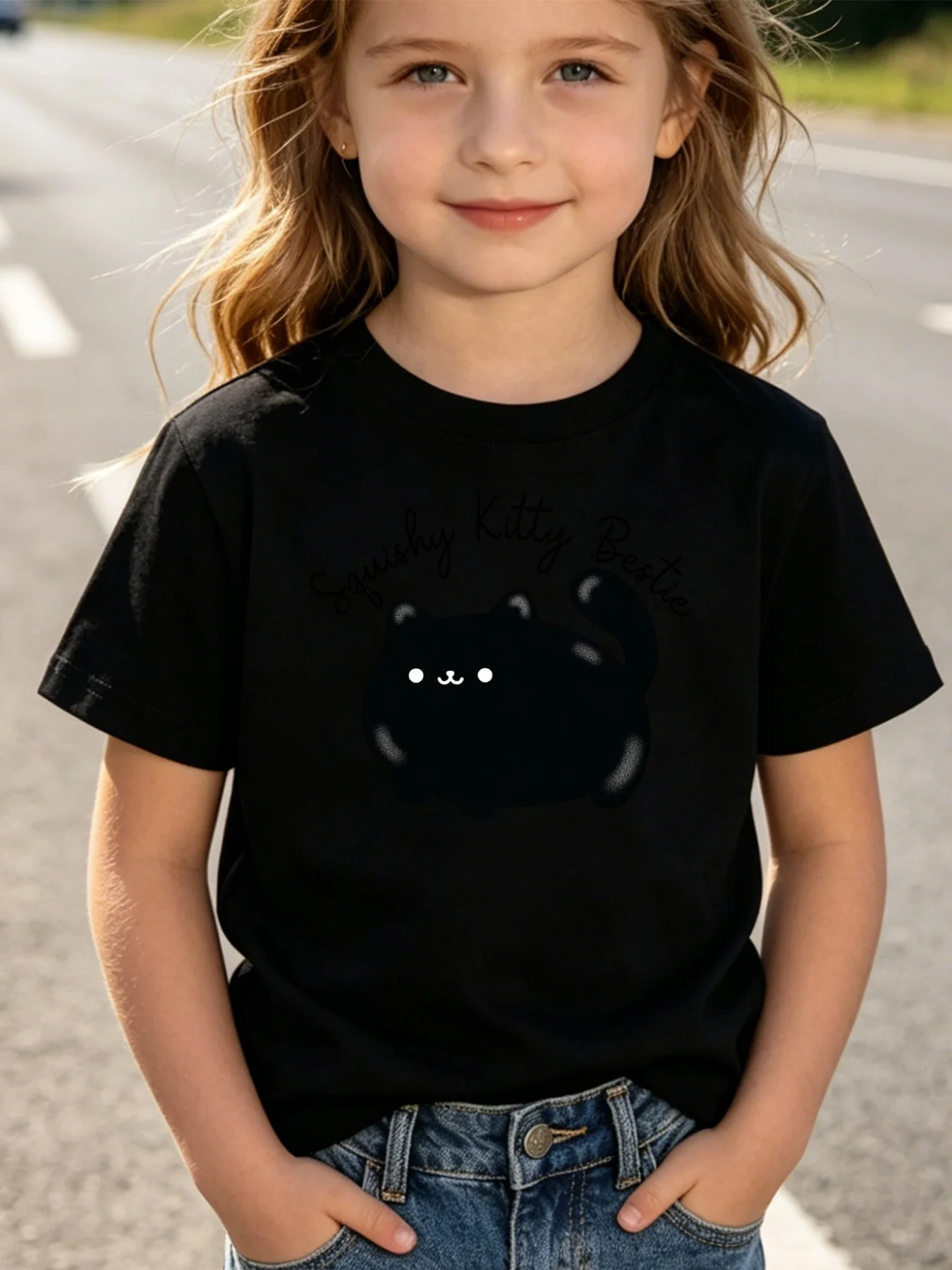 Kids Squishy Kitty Bestie Black Cat Letter Graphic Tee Boys Girls Family Matching Short Sleeve Cute Pet Casual Daily T Shirt
